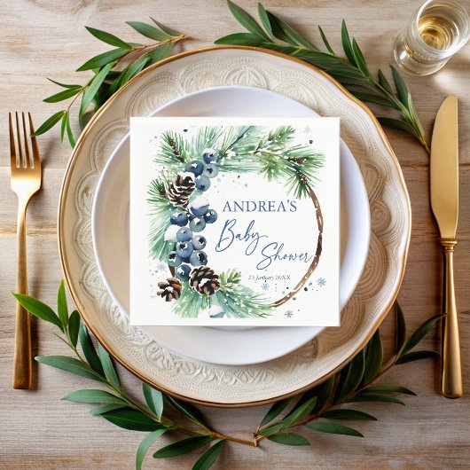 Winter baby shower pines wreath monogrammed servet