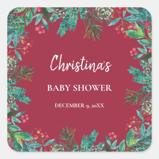 Winter Baby shower Rood Vierkante Sticker (Voorkant)