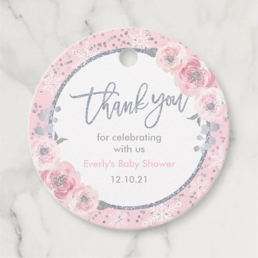 Winter Baby shower Roze en Silver Snowflake Shower Bedankjes Labels (Voorkant)