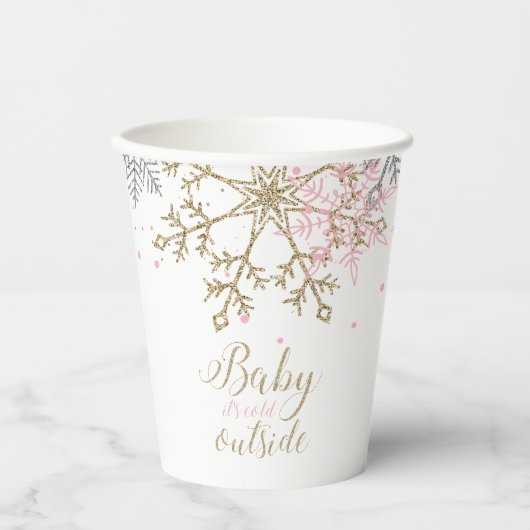 Winter Baby shower roze gouden sneeuwvlokken Papieren Bekers (Voorkant)