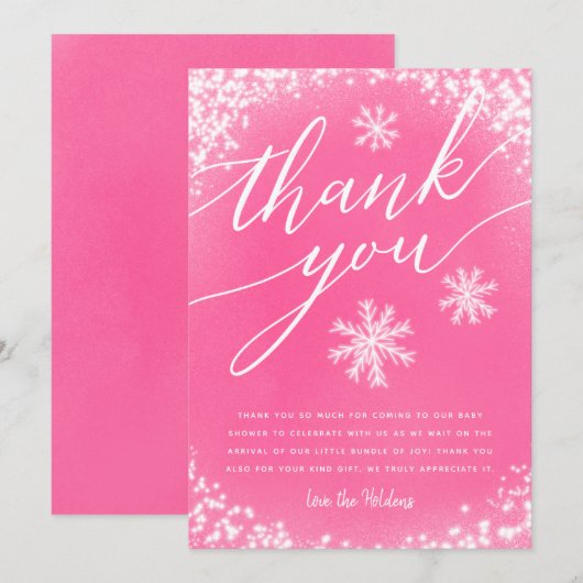 Winter Baby shower Roze sneeuw Bedankkaart (Voorkant / Achterkant)
