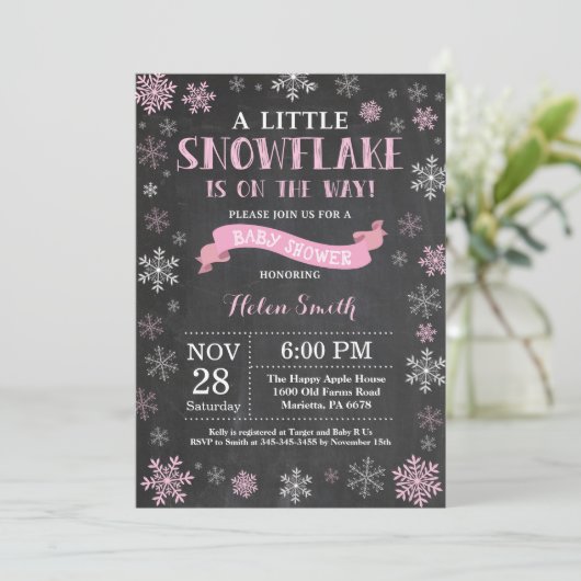 Winter Baby shower Roze Snowflake Chalkboard Kaart (Staand voorkant)
