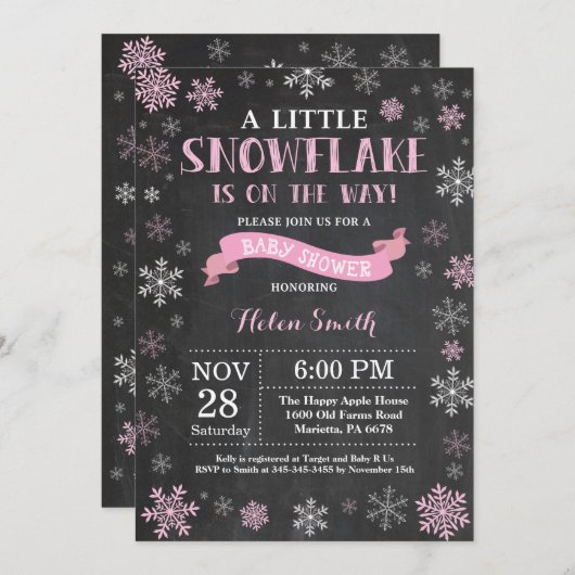 Winter Baby shower Roze Snowflake Chalkboard Kaart (Voorkant / Achterkant)