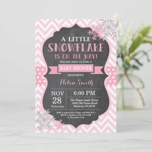 Winter Baby shower Roze Snowflake Chalkboard Kaart (Staand voorkant)