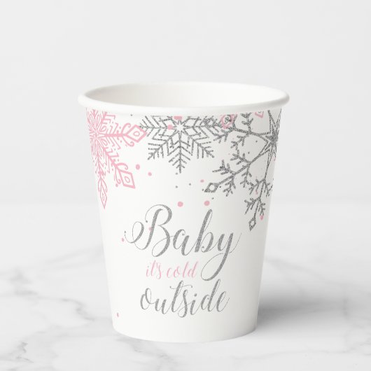 Winter Baby shower roze zilversneeuwvlokken Papieren Bekers (Voorkant)