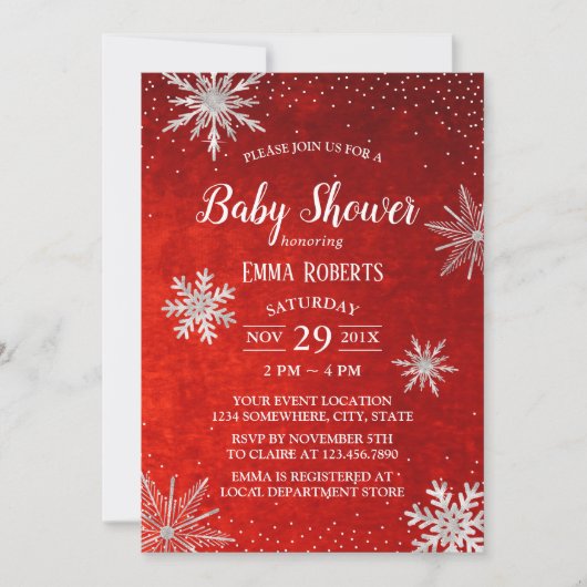 Winter Baby shower Silver Snowflakes Elegant Red Kaart (Voorkant)