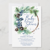 Winter baby shower snowy pines wreath dusty blue kaart (Voorkant)
