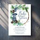 Winter baby shower snowy pines wreath dusty blue kaart