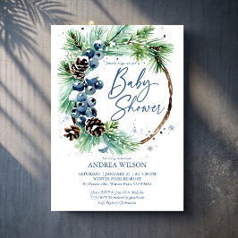 Winter baby shower snowy pines wreath dusty blue kaart