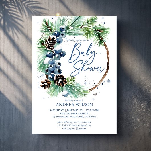 Winter baby shower snowy pines wreath dusty blue kaart