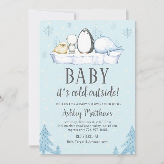 Winter baby shower Uitnodigen, Winterdieren Artic Kaart (Voorkant)