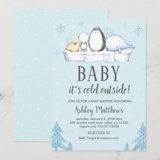 Winter baby shower Uitnodigen, Winterdieren Artic Kaart (Voorkant / Achterkant)