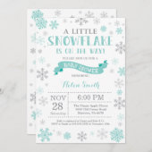 Winter Baby shower Uitnodiging Aqua Snowflake (Voorkant / Achterkant)