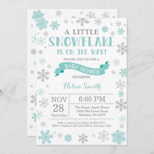 Winter Baby shower Uitnodiging Aqua Snowflake (Voorkant / Achterkant)