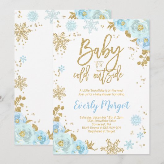 Winter Baby shower uitnodiging blauw en goud (Voorkant / Achterkant)