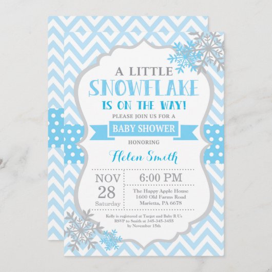 Winter Baby shower Uitnodiging Blauwe Snowflake (Voorkant / Achterkant)