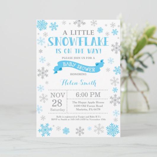 Winter Baby shower Uitnodiging Blauwe Snowflake (Staand voorkant)