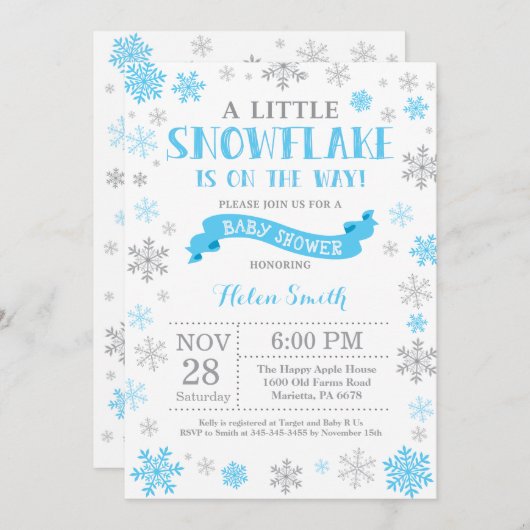 Winter Baby shower Uitnodiging Blauwe Snowflake (Voorkant / Achterkant)