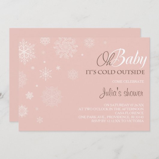 Winter Baby shower Uitnodiging - Blush roze (Voorkant / Achterkant)