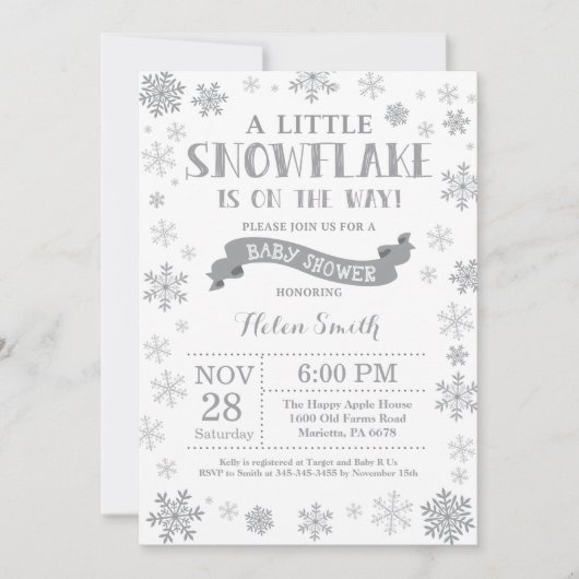 Winter Baby shower Uitnodiging Gray Snowflake (Voorkant)