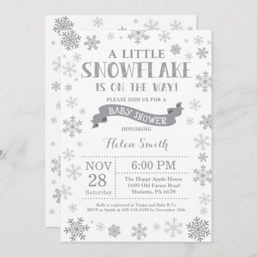 Winter Baby shower Uitnodiging Gray Snowflake (Voorkant / Achterkant)