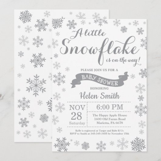 Winter Baby shower Uitnodiging Gray Snowflake (Voorkant / Achterkant)