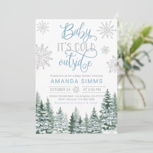 Winter Baby shower uitnodiging Het is koud buiten (Staand voorkant)
