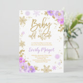 Winter Baby shower Uitnodiging Paars en goud (Staand voorkant)