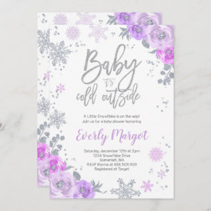Winter Baby shower Uitnodiging Paars en zilver