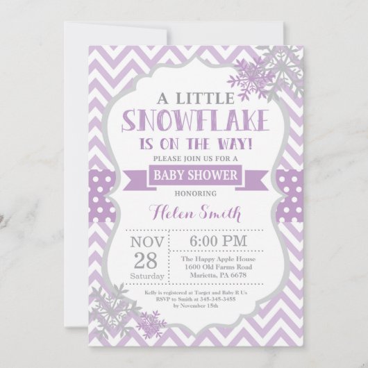 Winter Baby shower Uitnodiging Paars Snowflake (Voorkant)