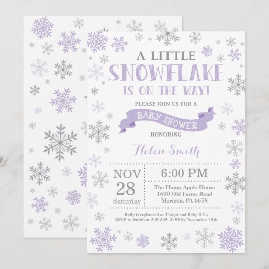 Winter Baby shower Uitnodiging Paars Snowflake (Voorkant / Achterkant)