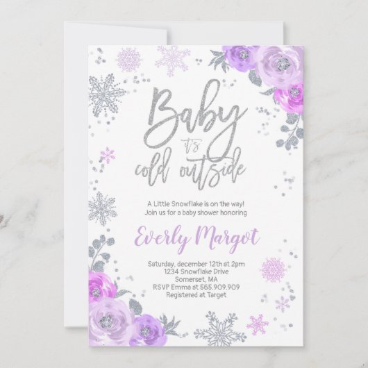 Winter Baby shower Uitnodiging Paarse en zilveren (Voorkant)