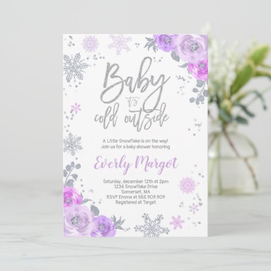 Winter Baby shower Uitnodiging Paarse en zilveren (Staand voorkant)