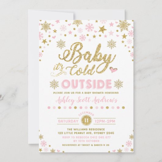 Winter Baby shower Uitnodiging roze goudsneeuwvlok (Voorkant)