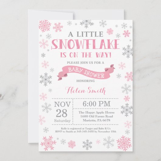 Winter Baby shower Uitnodiging roze Snowflake (Voorkant)