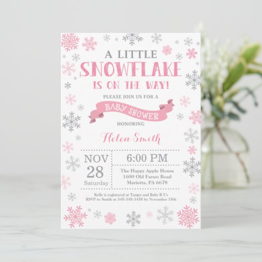 Winter Baby shower Uitnodiging roze Snowflake (Staand voorkant)