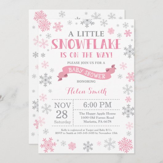 Winter Baby shower Uitnodiging roze Snowflake (Voorkant / Achterkant)