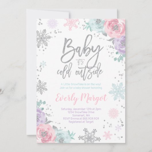 Winter Baby shower Uitnodiging Roze Zilver Glitter (Voorkant)