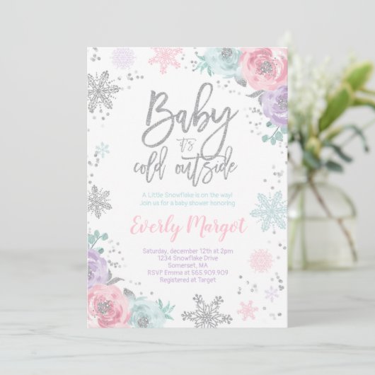 Winter Baby shower Uitnodiging Roze Zilver Glitter (Staand voorkant)