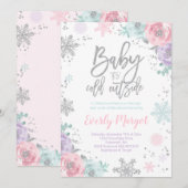Winter Baby shower Uitnodiging Roze Zilver Glitter (Voorkant / Achterkant)