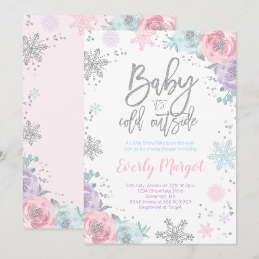 Winter Baby shower Uitnodiging Roze Zilver Glitter (Voorkant / Achterkant)