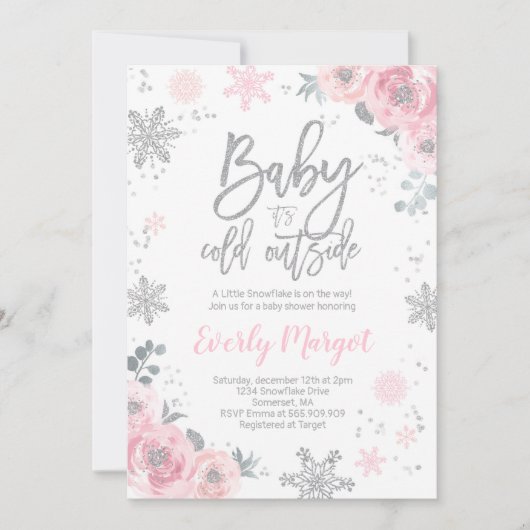 Winter Baby shower Uitnodiging Roze Zilver Glitter (Voorkant)