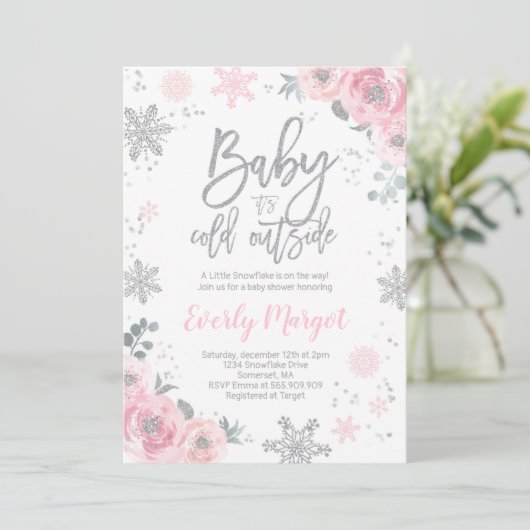 Winter Baby shower Uitnodiging Roze Zilver Glitter (Staand voorkant)