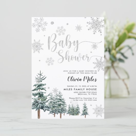 Winter Baby shower-uitnodiging zilverglitter Kaart (Staand voorkant)