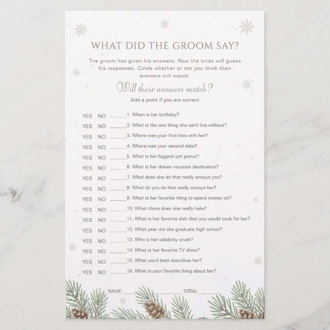 Winter Baby Shower Wat zei de bruidegom spel (Voorkant)