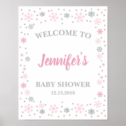Winter Baby shower Welkomstteken Roze & Zilver Poster (Voorkant)