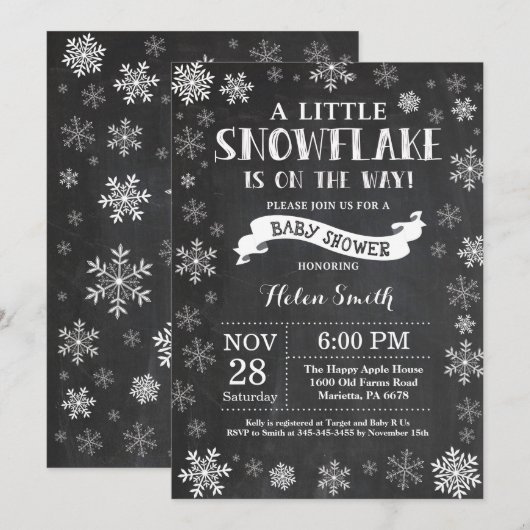 Winter Baby shower White Snowflake Chalkboard Kaart (Voorkant / Achterkant)
