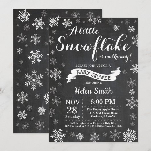 Winter Baby shower White Snowflake Krijtbord Kaart (Voorkant / Achterkant)
