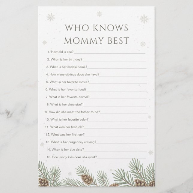 Winter Baby Shower Who Knows Mommy Best Game (Voorkant)