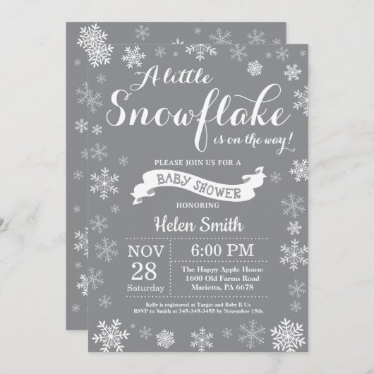 Winter Baby shower Witte en Grijze Sneeuwvlok Kaart (Voorkant / Achterkant)